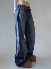 DAZY Celana Jeans Denim Kasual Warna Polos untuk Wanita, Cocok untuk Sehari-hari - Dark Wash - View 3