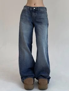DAZY Celana Jeans Denim Kasual Warna Polos untuk Wanita, Cocok untuk Sehari-hari - Dark Wash - View 2