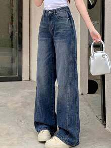 DAZY Celana Jeans Denim Kasual Warna Polos untuk Wanita, Cocok untuk Sehari-hari - Dark Wash - View 6