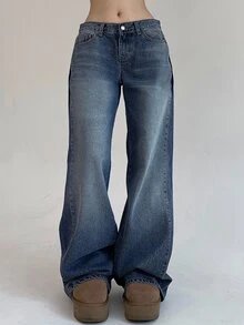 DAZY Celana Jeans Denim Kasual Warna Polos untuk Wanita, Cocok untuk Sehari-hari - Dark Wash - View 7