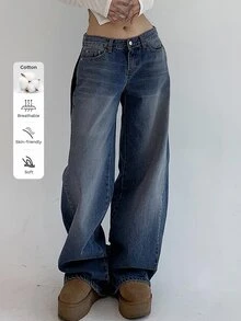 DAZY Celana Jeans Denim Kasual Warna Polos untuk Wanita, Cocok untuk Sehari-hari - Dark Wash - View 5