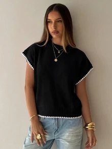 Aloruh Women's Round Neck Contrast Trim Shell Embroidery Sweater Vest - Black - View 5