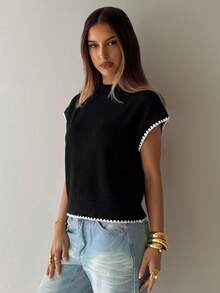 Aloruh Women's Round Neck Contrast Trim Shell Embroidery Sweater Vest - Black - View 3
