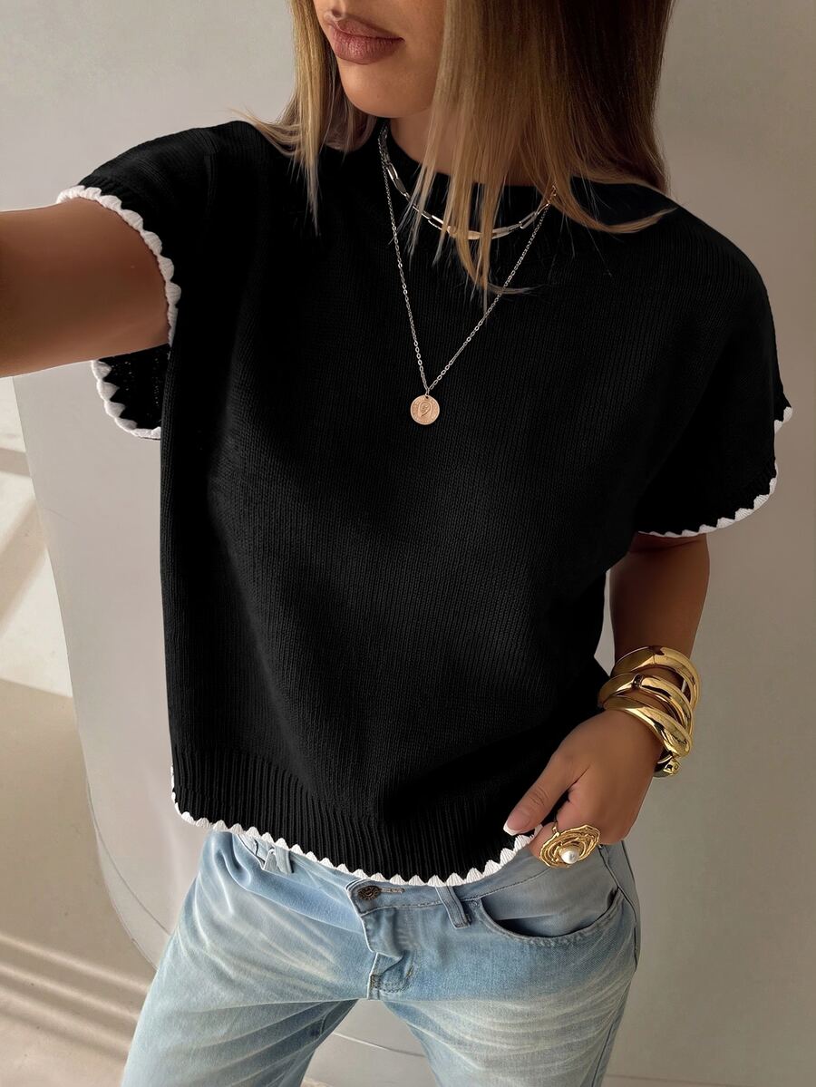 Aloruh Women's Round Neck Contrast Trim Shell Embroidery Sweater Vest - Black - View 1