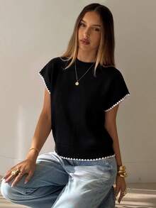 Aloruh Women's Round Neck Contrast Trim Shell Embroidery Sweater Vest - Black - View 4