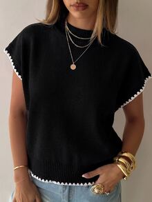 Aloruh Women's Round Neck Contrast Trim Shell Embroidery Sweater Vest - Black - View 7