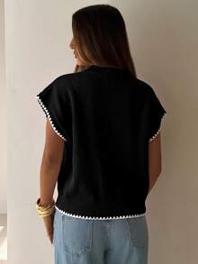 Aloruh Women's Round Neck Contrast Trim Shell Embroidery Sweater Vest - Black - View 2
