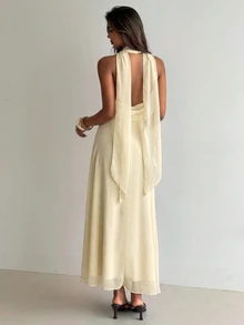 Aloruh Women's Solid Color Cowl Neck Ribbon Backless Sleeveless Elegant Dress - Beige - View 2