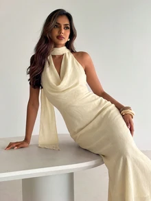 Aloruh Women's Solid Color Cowl Neck Ribbon Backless Sleeveless Elegant Dress - Beige - View 5