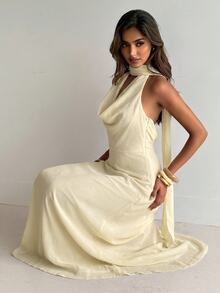 Aloruh Women's Solid Color Cowl Neck Ribbon Backless Sleeveless Elegant Dress - Beige - View 3