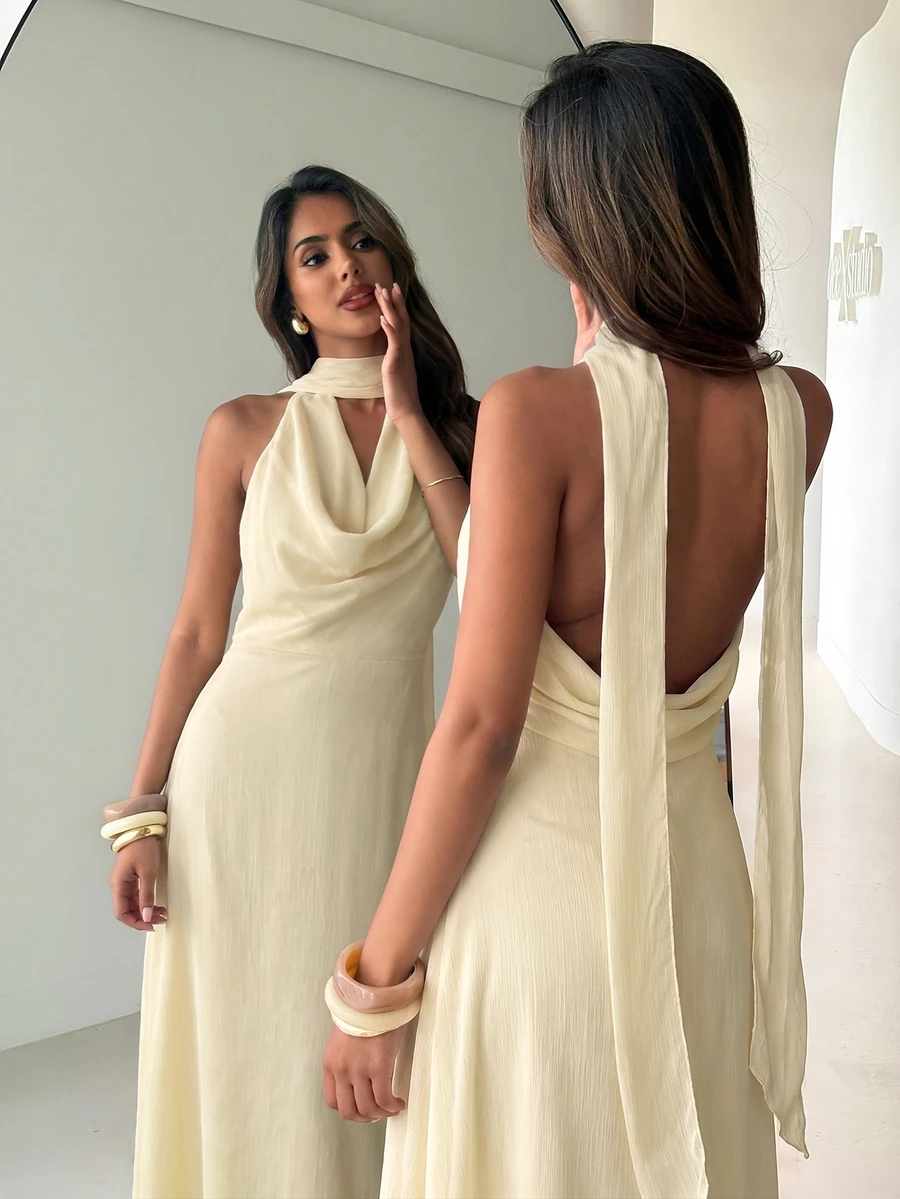 Aloruh Women's Solid Color Cowl Neck Ribbon Backless Sleeveless Elegant Dress - Beige - View 1