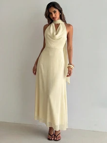 Aloruh Women's Solid Color Cowl Neck Ribbon Backless Sleeveless Elegant Dress - Beige - View 8