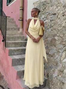 Aloruh Women's Solid Color Cowl Neck Ribbon Backless Sleeveless Elegant Dress - Beige - View 7