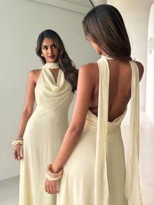 Aloruh Women's Solid Color Cowl Neck Ribbon Backless Sleeveless Elegant Dress - Beige - View 4