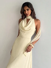 Aloruh Women's Solid Color Cowl Neck Ribbon Backless Sleeveless Elegant Dress - Beige - View 6