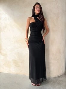 Aloruh Đầm dài ôm dáng nữ màu đen thanh lịch bằng lưới với cổ bèo xòe - màu đen - Xem 8