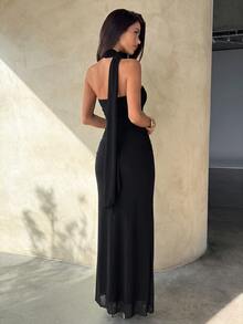 Aloruh Đầm dài ôm dáng nữ màu đen thanh lịch bằng lưới với cổ bèo xòe - màu đen - Xem 2