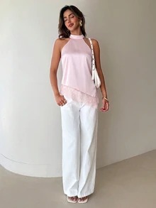 Aloruh Women's Sweet & Sexy Lace Patchwork Asymmetrical Blouse - Pink - View 3
