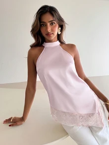 Aloruh Women's Sweet & Sexy Lace Patchwork Asymmetrical Blouse - Pink - View 7