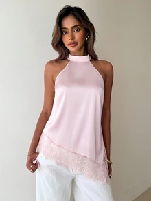 Aloruh Women's Sweet & Sexy Lace Patchwork Asymmetrical Blouse - Pink - View 4
