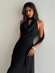 Aloruh Gaun Wanita Hitam Kerah Cowl Potongan A-Line Tali Ikat Punggung Terbuka - Hitam - View 3