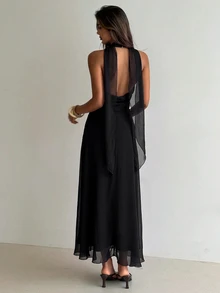 Aloruh Gaun Wanita Hitam Kerah Cowl Potongan A-Line Tali Ikat Punggung Terbuka - Hitam - View 2