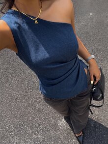 Aloruh Women's Solid Color One Shoulder Sleeveless Side Waist Tie Blouse - Navy Blue - View 5