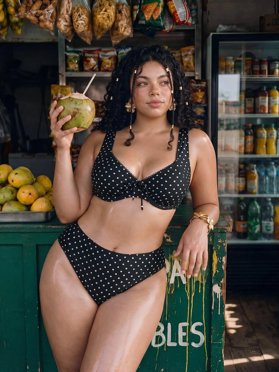 Swim SXY Set Baju Renang Ukuran Besar Motif Polkadot untuk Liburan dengan Kawat Penyangga dan Push-Up - Hitam - View 1