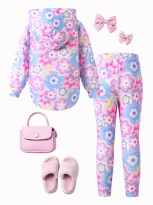 SHEIN 女童針織碎花無袖套頭休閒衛衣與長褲兩件套 - 粉色 - 查看 5
