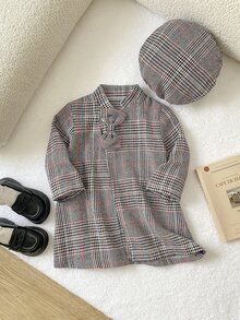 SHEIN Playful Pals 女嬰秋冬優雅極簡蝴蝶結格紋大衣與帽子套裝 - 彩色 - 查看 5