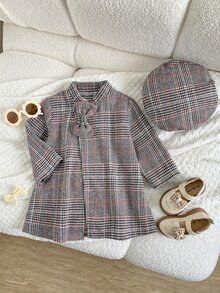 SHEIN Playful Pals 女嬰秋冬優雅極簡蝴蝶結格紋大衣與帽子套裝 - 彩色 - 查看 6