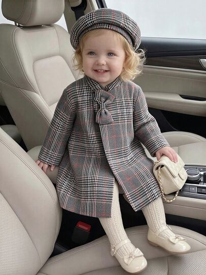 SHEIN Playful Pals Infant Girls Autumn/Winter Elegant Minimalist Bow Plaid Overcoat And Hat