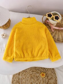 SHEIN 女童純色針織3D貼布休閒人造毛領立領冬季夾克外套 - 黃色 - 查看 4
