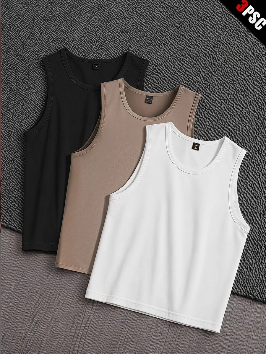 Manfinity RebelGame 3pcs Men Summer Casual Solid Color Funny, Basic Round Neck Sleeveless Tank Top, For Vacation, Boyfriend Gift, Father's Day Gifts, Football - Multicolor - View 1