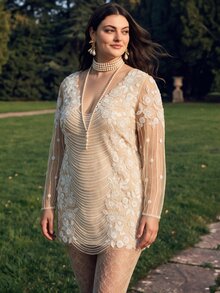 Anewsta Plus Size Women Sexy Sequins Long Sleeve Elegant Party Dress, Spring/Summer Outfits Fall - Apricot - View 3