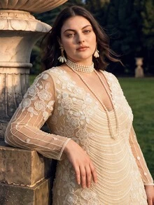 Anewsta Plus Size Women Sexy Sequins Long Sleeve Elegant Party Dress, Spring/Summer Outfits Fall - Apricot - View 4