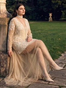 Anewsta Plus Size Women Sexy Sequins Long Sleeve Elegant Party Dress, Spring/Summer Outfits Fall - Apricot - View 6