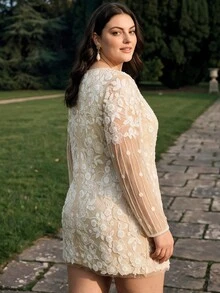 Anewsta Plus Size Women Sexy Sequins Long Sleeve Elegant Party Dress, Spring/Summer Outfits Fall - Apricot - View 5