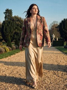 Anewsta Blazer de mujer de talla grande con ajuste ceñido en la cintura, con patrón floral vintage aleatorio - Multicolor - Ver 1