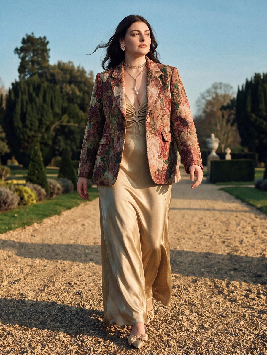 Anewsta Blazer de mujer de talla grande con ajuste ceñido en la cintura, con patrón floral vintage aleatorio - Multicolor - Ver 1