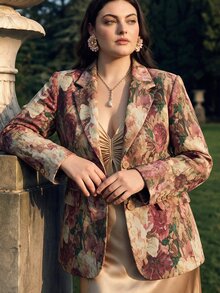 Anewsta Blazer de mujer de talla grande con ajuste ceñido en la cintura, con patrón floral vintage aleatorio - Multicolor - Ver 3