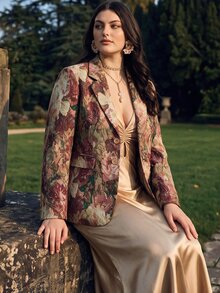 Anewsta Blazer de mujer de talla grande con ajuste ceñido en la cintura, con patrón floral vintage aleatorio - Multicolor - Ver 4
