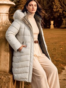 Anewsta Plus Size Women Long Reversible Thick Detachable Fur Collar Hooded Zip-Up Winter Jacket - Beige - View 4