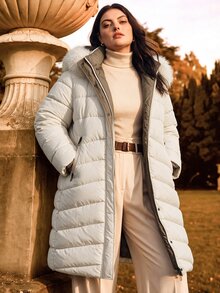 Anewsta Plus Size Women Long Reversible Thick Detachable Fur Collar Hooded Zip-Up Winter Jacket - Beige - View 2