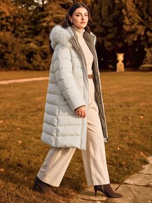 Anewsta Plus Size Women Long Reversible Thick Detachable Fur Collar Hooded Zip-Up Winter Jacket - Beige - View 5