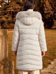 Anewsta Plus Size Women Long Reversible Thick Detachable Fur Collar Hooded Zip-Up Winter Jacket - Beige - View 6
