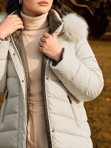 Anewsta Plus Size Women Long Reversible Thick Detachable Fur Collar Hooded Zip-Up Winter Jacket - Beige - View 3