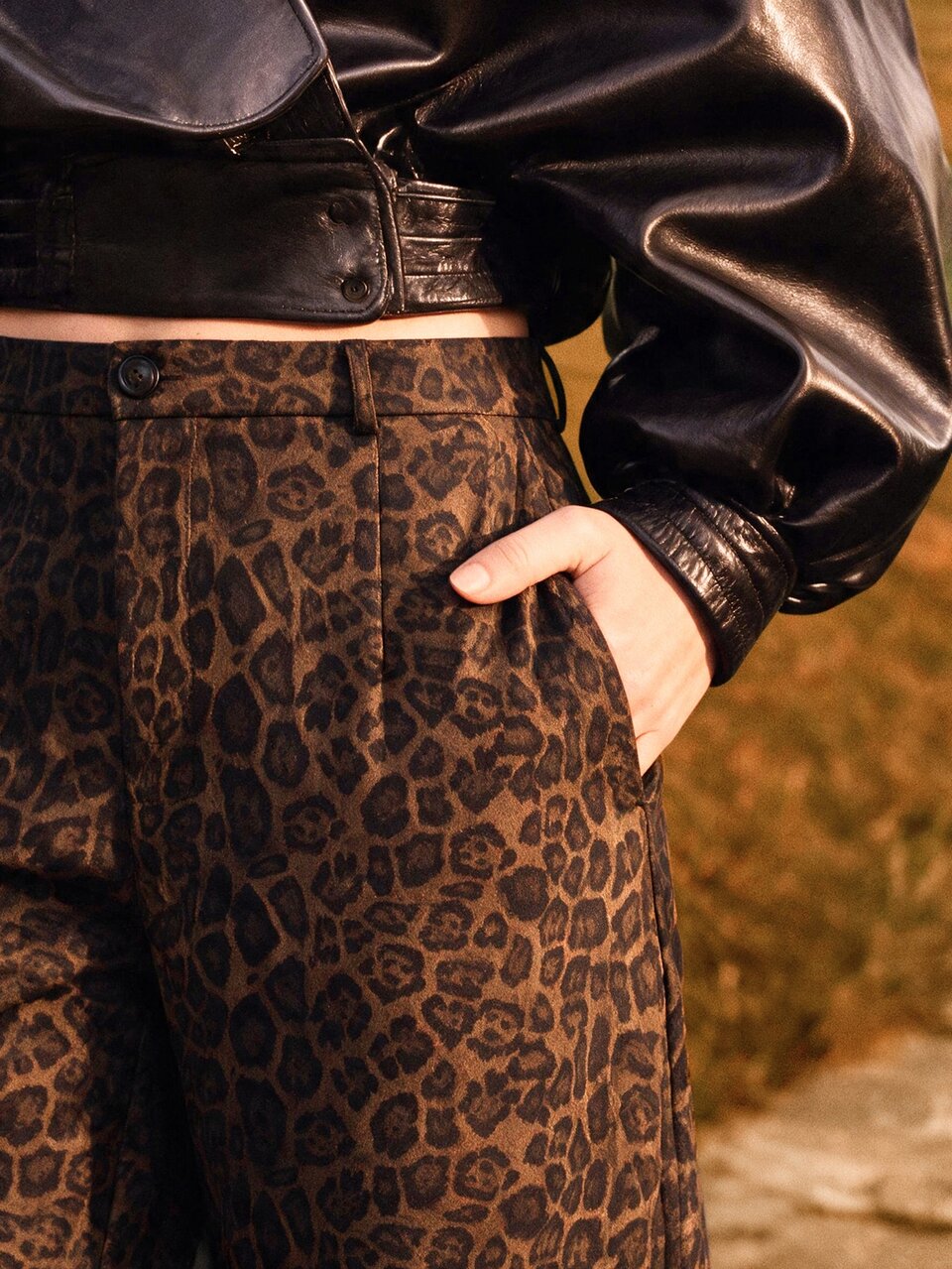 Anewsta Plus Size Women's Leopard Print Stretch Straight-Leg Casual Pants, Coffee Brown, Autumn/Winter Fall