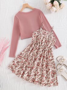 SHEIN 青少年女孩針織純色V領休閒開襟衫與梭織碎花細肩帶洋裝兩件套 - 粉色 - 查看 5