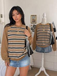 Lalippa Women's Black And White Striped Light Blue Round Neck Raglan Sleeve Casual Streetwear Sweatshirt Everyday School Autumn - Multicolor - View 1
